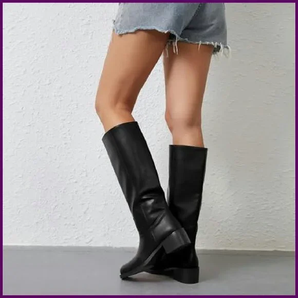 Women's Knee High Boots Square Toe Chunky Heel Pull On Wide Calf Size 7 - Picture 4 of 7